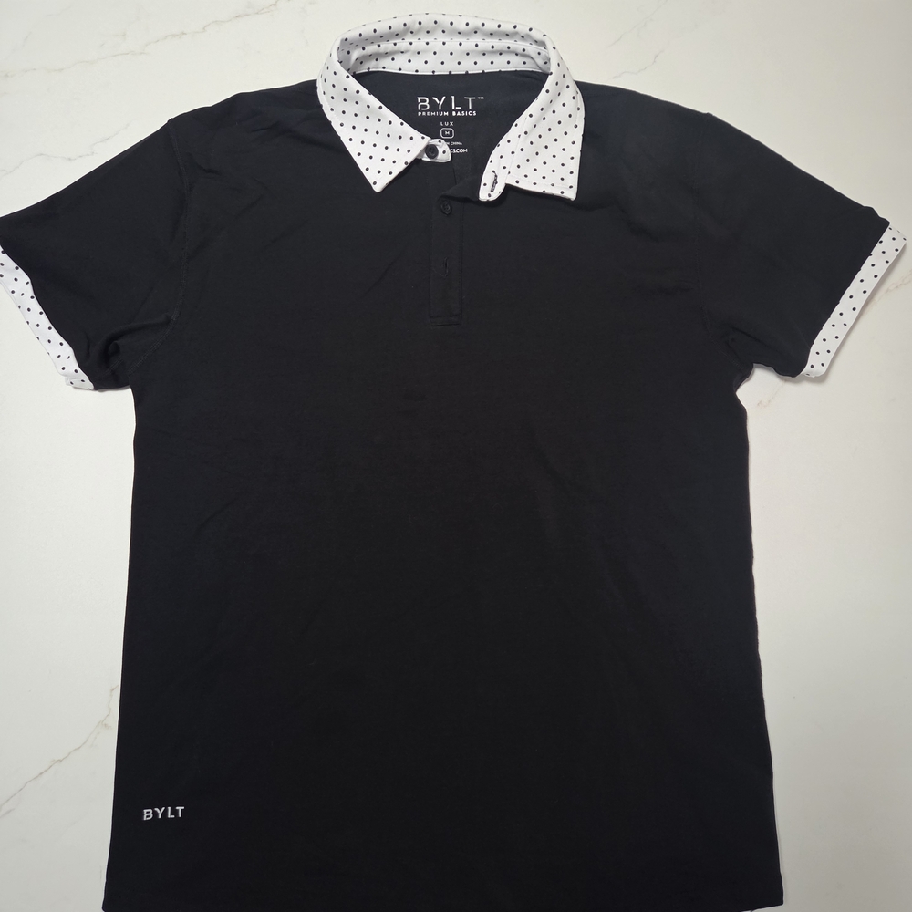 BYLT Basics Black Polo with White Polka Dot Collar